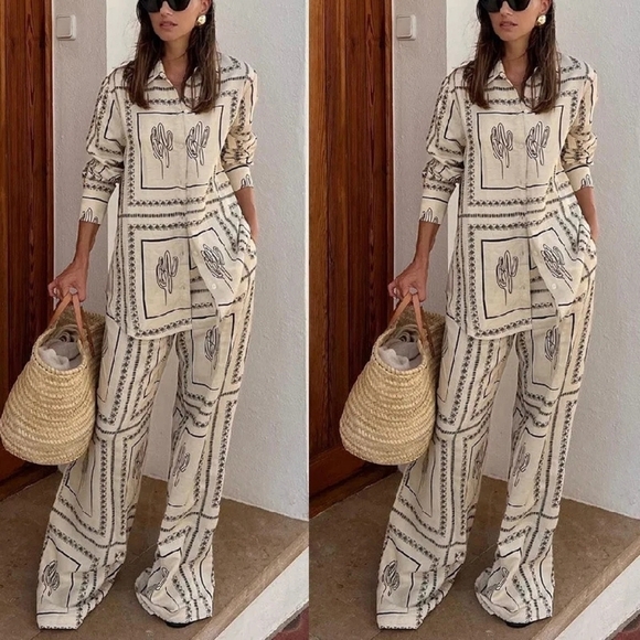 Pants - Shirts Two Piece Set Women Long Sleeve Lapel Shirts High Waist Wide Leg Pants